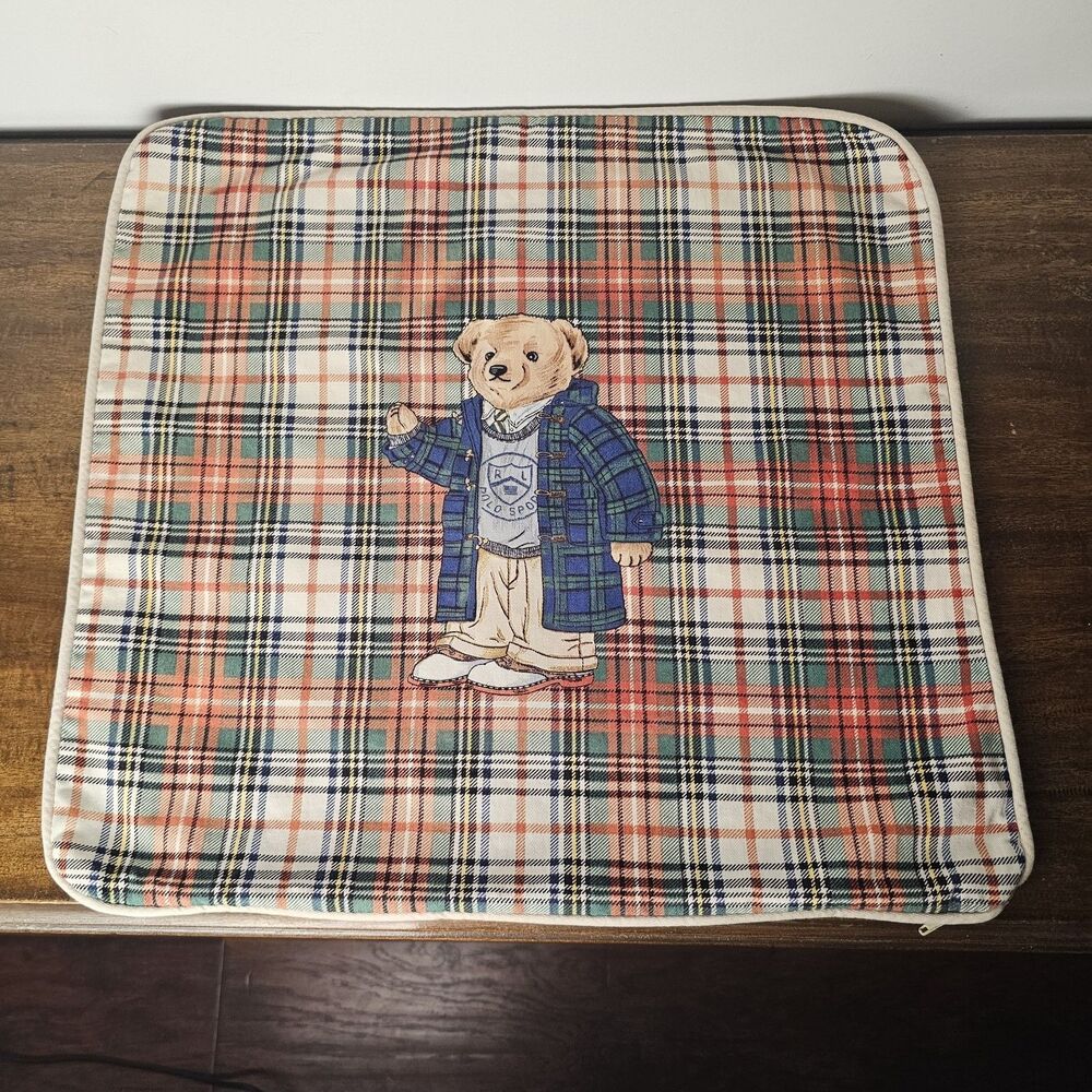 Rare Ralph Lauren 100% Cotton Polo Bear Plaid Throw Pillow Cover 18x18"
